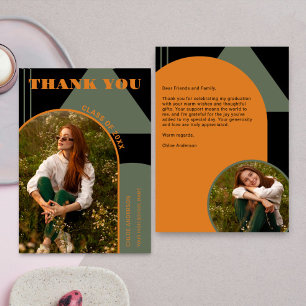 Retro Arch Green & Orange 2 Photo Graduation Thank You Card