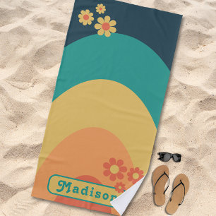 Retro Arch Groovy Floral Name Beach Towel
