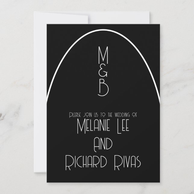   Retro Arch Initial Black White Wedding B Invitation (Front)