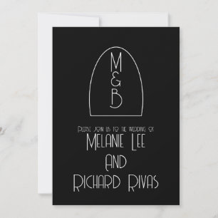 Retro Arch Initial Black White Wedding Invitation
