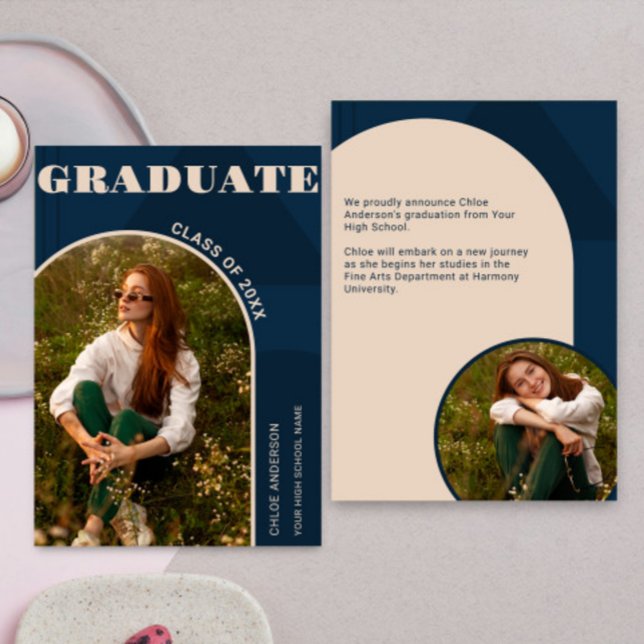 Retro Arch Navy Blue 2 Photo Grad Announcement (Creator Uploaded)