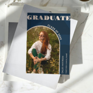 Retro Arch Navy Blue Photo Graduation Announcement