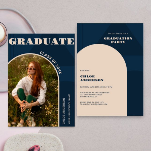 Retro Arch Navy Blue Photo Graduation Invitation (Creator Uploaded)