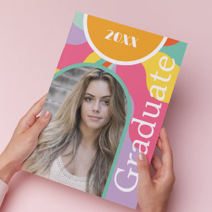 Retro Arch Photo 70s Pink Graduation Invitation