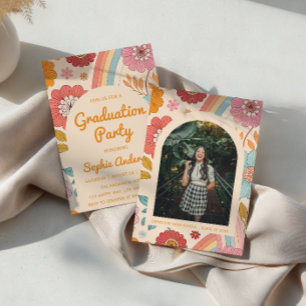Retro Arch Photo Floral Rainbow Graduation Party Invitation