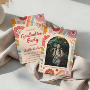 Retro Arch Photo Floral Rainbow Graduation Party Invitation