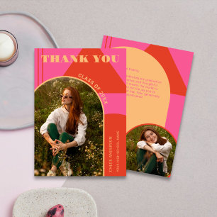Retro Arch Pink & Orange 2 Photo Graduation Thank You Card