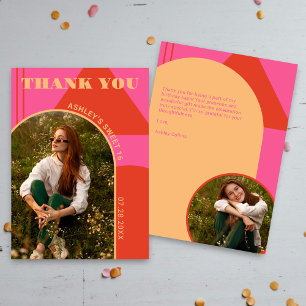 Retro Arch Pink & Orange 2 Photo Sweet 16 Birthday Thank You Card