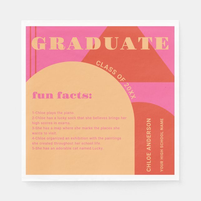 Retro Arch Pink & Orange Fun Facts Graduation Napkin (Front)