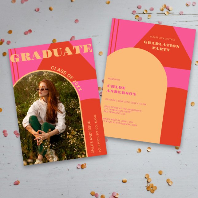 Retro Arch Pink & Orange Photo Graduation Invitation (Creator Uploaded)