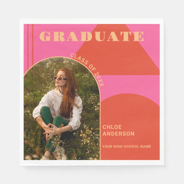 Retro Arch Pink & Orange Photo Graduation Napkin (Front)