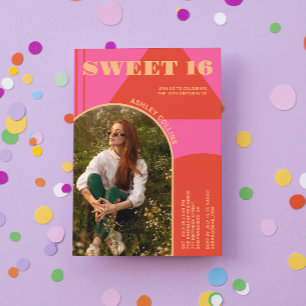 Retro Arch Pink & Orange Photo Sweet 16 Birthday Invitation