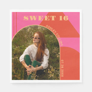 Retro Arch Pink & Orange Photo Sweet 16 Birthday Napkin