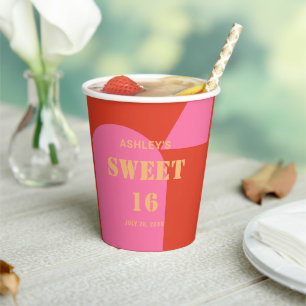 Retro Arch Pink & Orange Sweet 16 Birthday Paper Cups