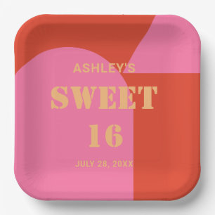 Retro Arch Pink & Orange Sweet 16 Birthday  Paper Plate