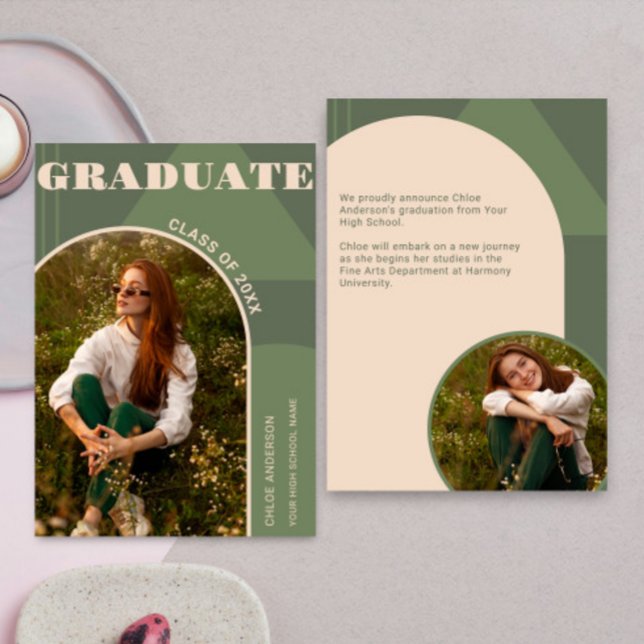 Retro Arch Sage Green 2 Photo Grad Announcement (Creator Uploaded)