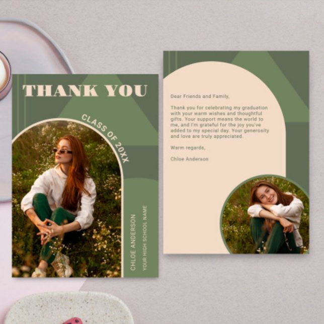 Retro Arch Sage Green 2 Photo Graduation Thank You Card (Creator Uploaded)