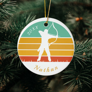 Retro Archery Theme Bow Arrow Archers Name Dated  Ceramic Ornament