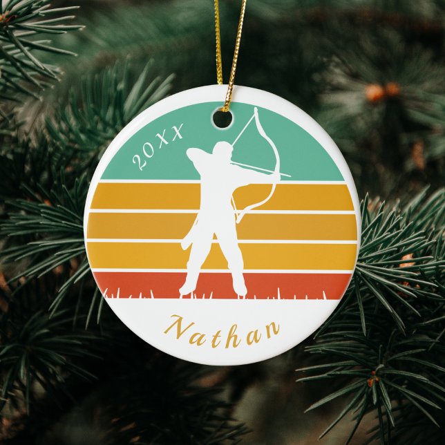 Retro Archery Theme Bow Arrow Archers Name Dated  Ceramic Ornament (Creator Uploaded)