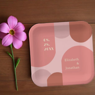 Retro Arches Coral Pink Wedding Paper Plate