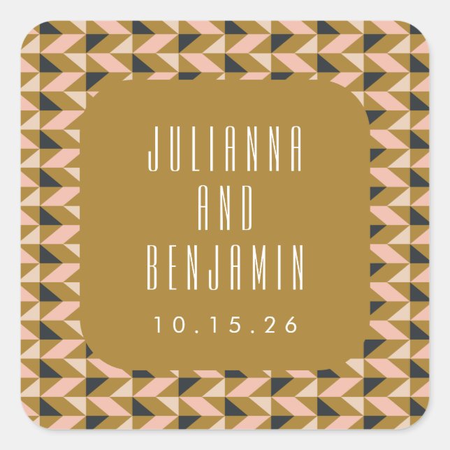 Retro Art Deco Black Blush Gold Wedding Custom Square Sticker (Front)