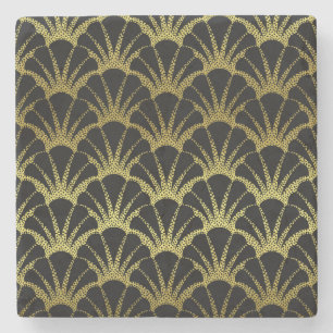 Retro Art Deco Black / Gold Shell Scale Pattern Stone Coaster
