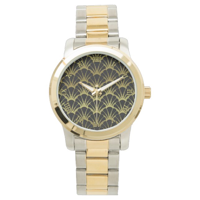 Retro Art Deco Black / Gold Shell Scale Pattern Watch (Front)