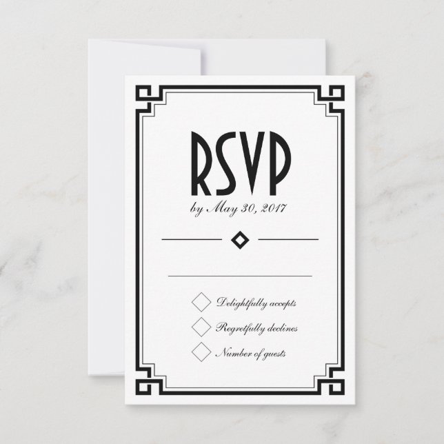 Retro Art Deco Frame White Wedding RSVP Card (Front)