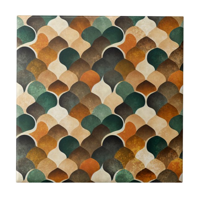 Retro Art Deco Geometry in Warm Gold & Green Ceramic Tile (Front)