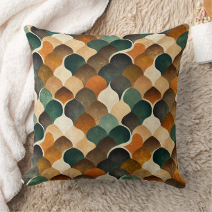 Retro Art Deco Geometry in Warm Gold & Green Cushion