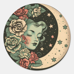 Retro Art Deco Green Crescent Moon Lady Classic Round Sticker