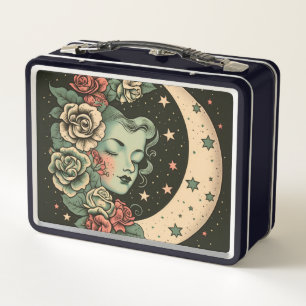 Retro Art Deco Green Crescent Moon Lady Metal Lunch Box
