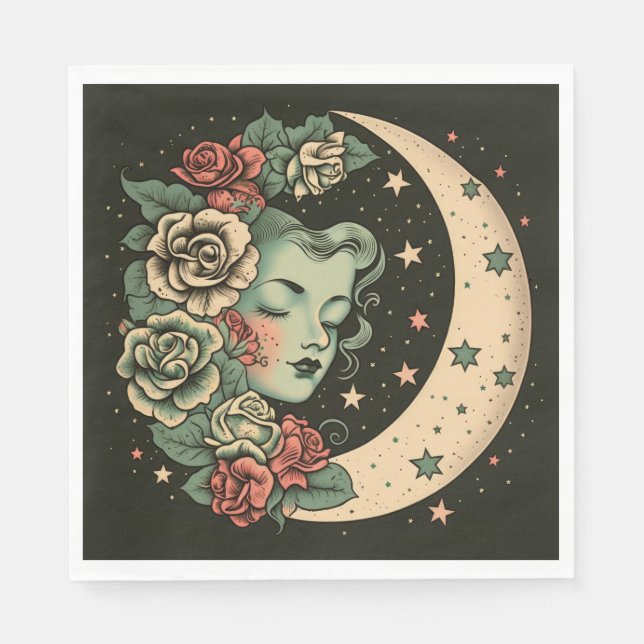 Retro Art Deco Green Crescent Moon Lady Napkin (Front)