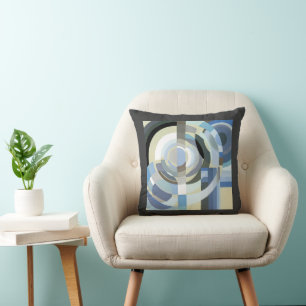 Retro Art Deco Jazz Vintage Blue Circles Pattern Cushion