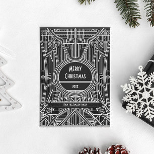 Retro art deco Merry Christmas black and white Holiday Card