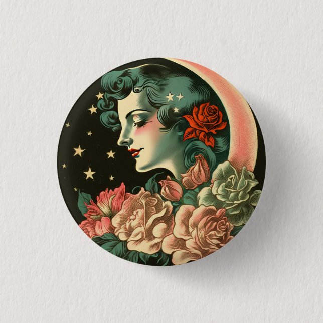 Retro Art Deco Moon Lady & Flowers 3 Cm Round Badge (Front)