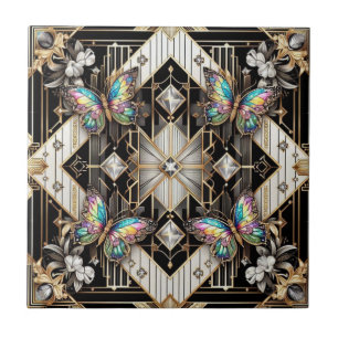 Retro Art Deco Nouveau Rainbow Butterfly Ceramic Tile