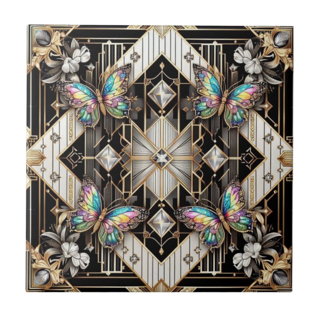 Retro Art Deco Nouveau Rainbow Butterfly Ceramic Tile (Front)