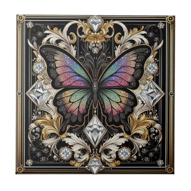 Retro Art Deco Nouveau Rainbow Butterfly Ceramic Tile (Front)
