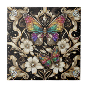 Retro Art Deco Nouveau Rainbow Butterfly Ceramic Tile