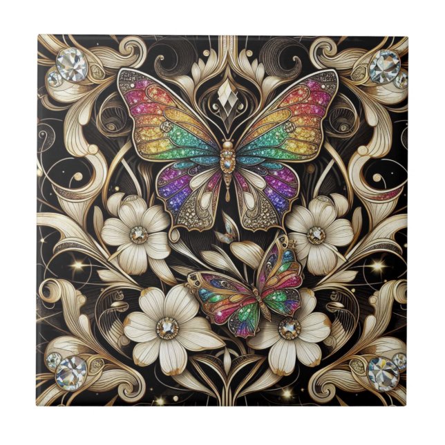 Retro Art Deco Nouveau Rainbow Butterfly Ceramic Tile (Front)