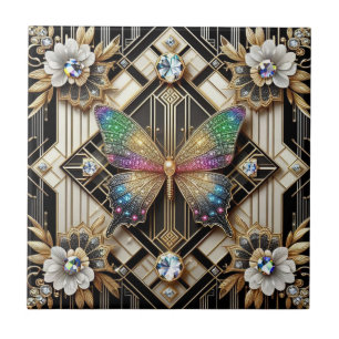 Retro Art Deco Nouveau Rainbow Butterfly Ceramic Tile