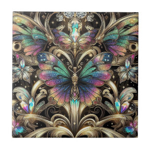 Retro Art Deco Nouveau Rainbow Butterfly Ceramic Tile