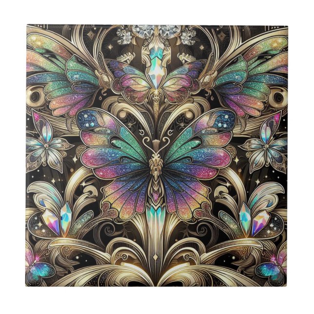 Retro Art Deco Nouveau Rainbow Butterfly Ceramic Tile (Front)