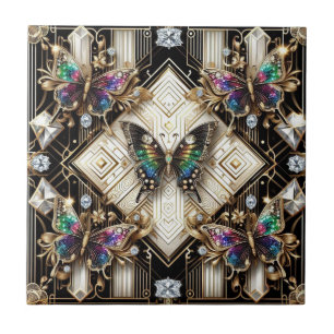 Retro Art Deco Nouveau Rainbow Butterfly Ceramic Tile