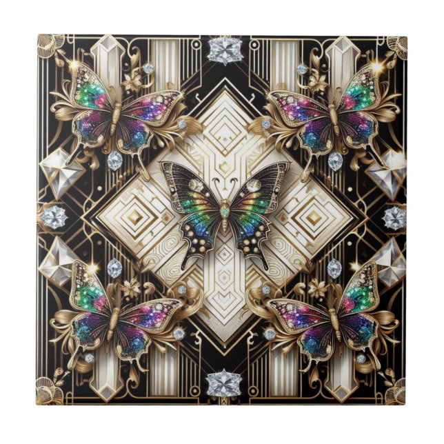 Retro Art Deco Nouveau Rainbow Butterfly Ceramic Tile (Front)