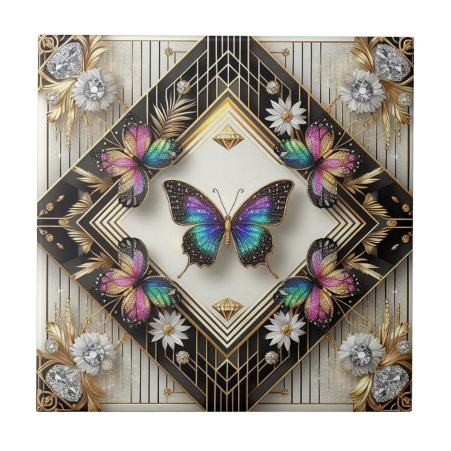 Retro Art Deco Nouveau Rainbow Butterfly Ceramic Tile (Front)