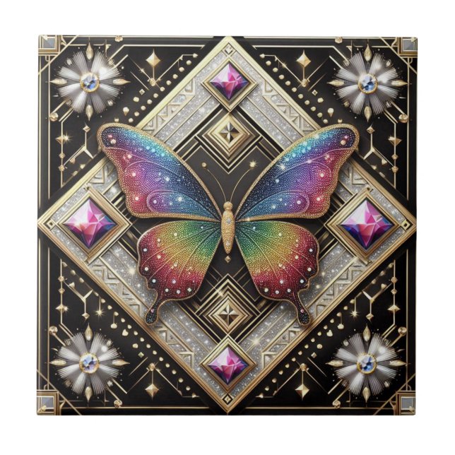 Retro Art Deco Nouveau Rainbow Butterfly Ceramic Tile (Front)
