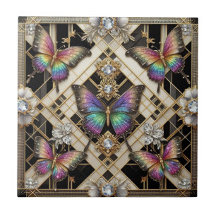 Retro Art Deco Nouveau Rainbow Butterfly Ceramic Tile
