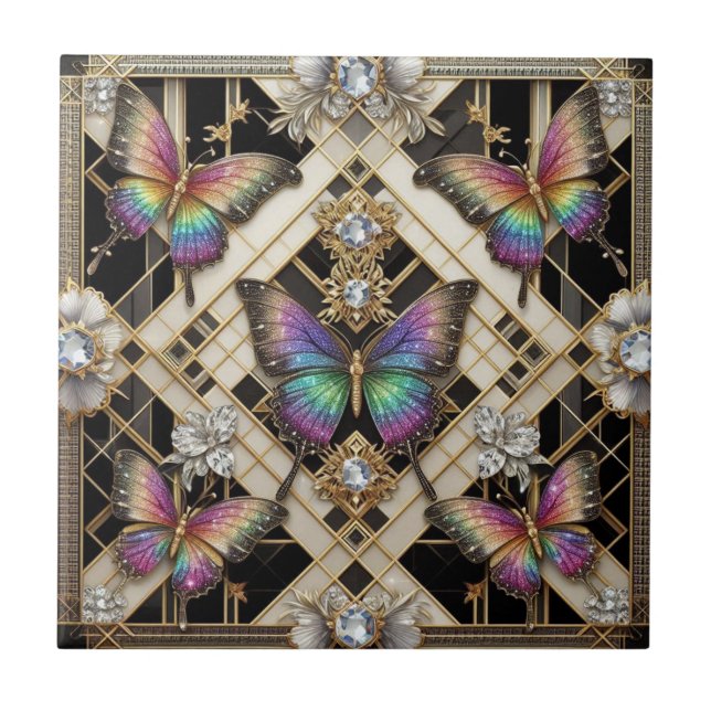 Retro Art Deco Nouveau Rainbow Butterfly Ceramic Tile (Front)
